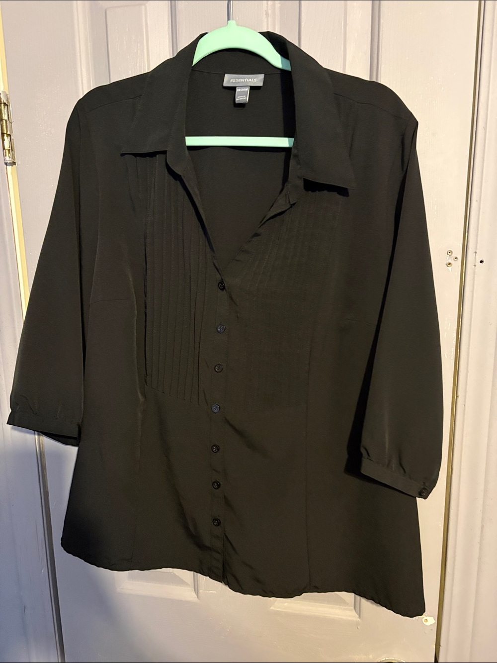 Essentials Black Pintuck Button-Down Blouse